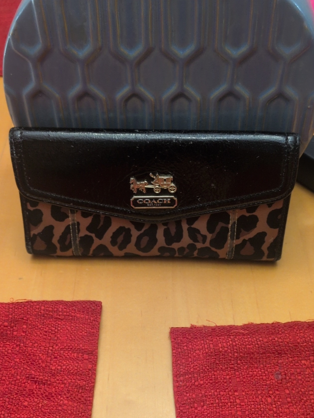 COACH Leopard Print Continental Wallet in Black and Brown with emblem
